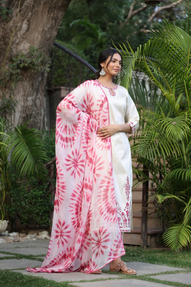 GoSriKi  GoSriKi Women's Cotton Blend Straight Embroidered Kurta with Pant & Dupatta (BHAVI CREAM-GS_XL_Cream_X-Large) for Women | Best Price UAE